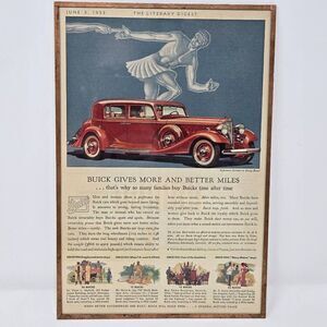 1933 BUICK GIVES MORE AND BETTER MILES HARVEYS WALLHANGERS GLASS COPPER PRINT AD